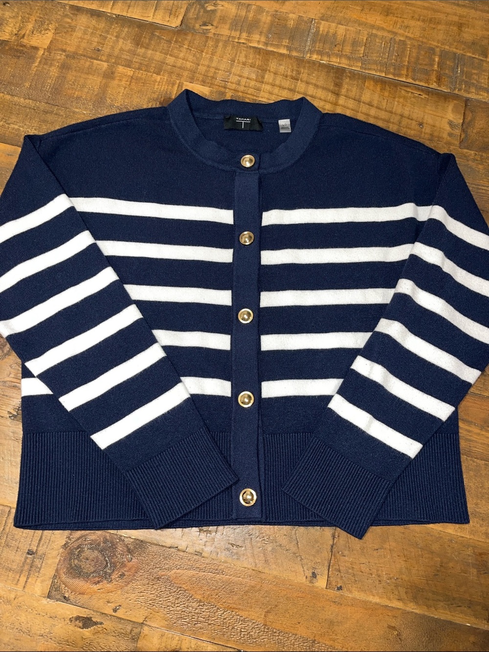 Tahari Classic Navy & White Striped Button-Front Sweater Cardigan ~ Sz. Lg